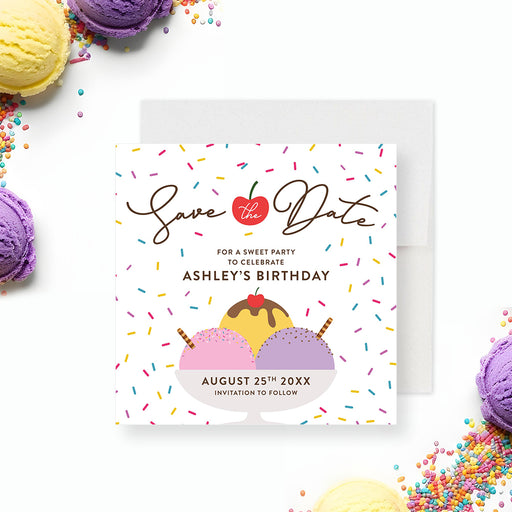 Ice cream save the date card with colorful sprinkles, three scoops in a bowl, and a cherry on top design for a kids' birthday party-front