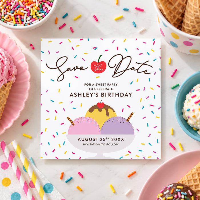 Ice cream save the date card with colorful sprinkles, three scoops in a bowl, and a cherry on top design for a kids' birthday party-front