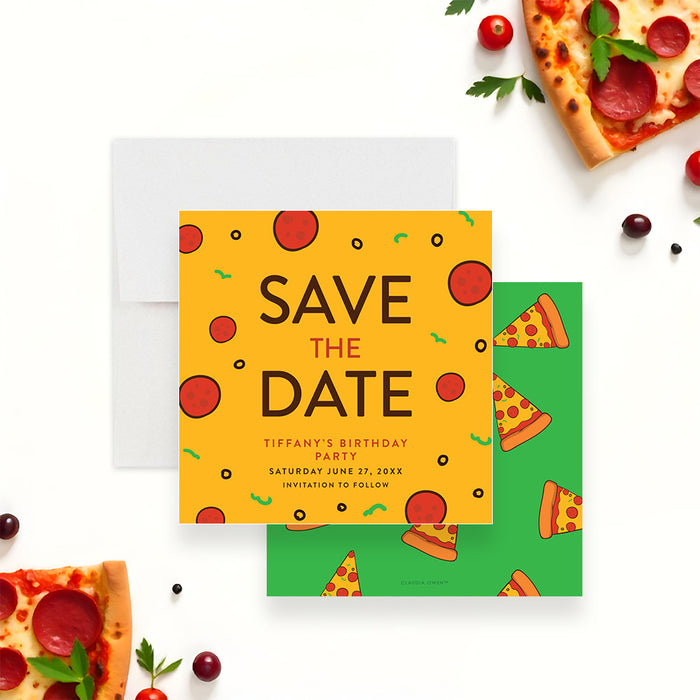 Pizza-themed save-the-date card with a yellow background and a pepperoni design for a kids' birthday-front-back