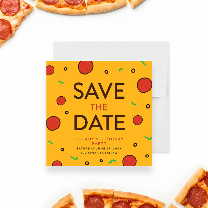 Pizza-themed save-the-date card with a yellow background and a pepperoni design for a kids' birthday-front