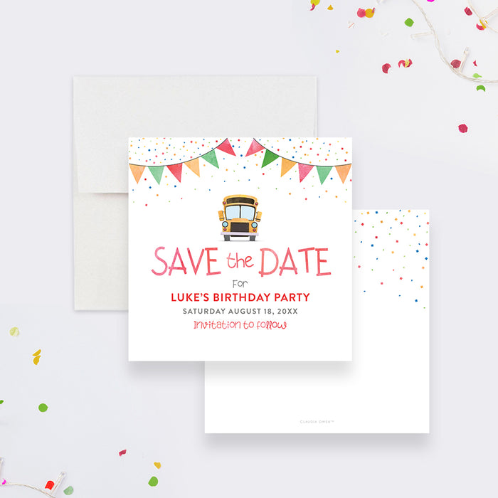Yellow Bus Birthday Save the Date Card for Kids, Fun Save the Date for School Bus Birthday Party, Colorful Save the Dates for Kids Birthday Bash