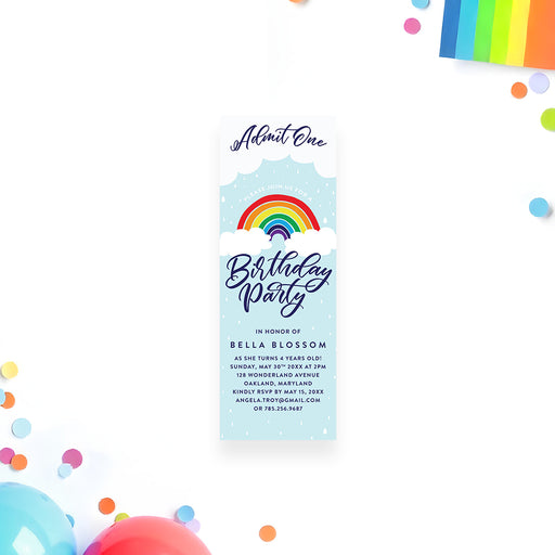 Rainbow ticket-style birthday invitation with clouds and raindrop design for kids party admit one entry pass