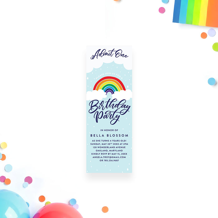Rainbow ticket-style birthday invitation with clouds and raindrop design for kids party admit one entry pass