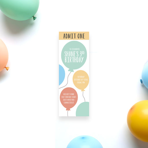 Balloon-themed ticket invitation personalized for a kids' birthday party with a colorful balloon design
