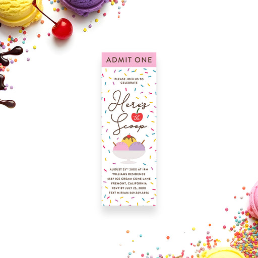 Ice cream-themed ticket invitation featuring colorful sprinkles and three scoops topped with a cherry, designed for a kids' birthday party.
