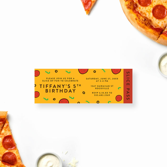 Pizza-themed birthday invitation with a yellow pepperoni pattern and slice pass design