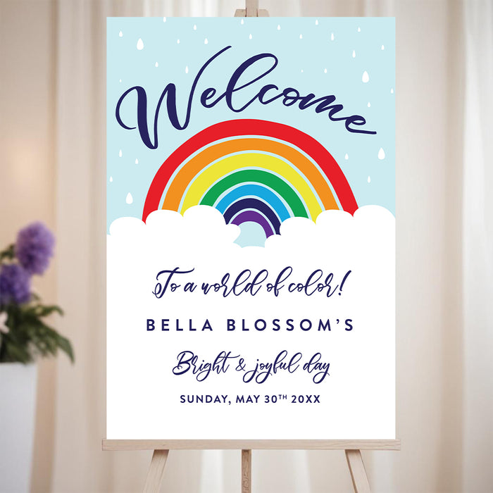 Birthday party welcome sign with a rainbow over clouds and raindrops, displayed on an easel for kids’ milestone celebrations.