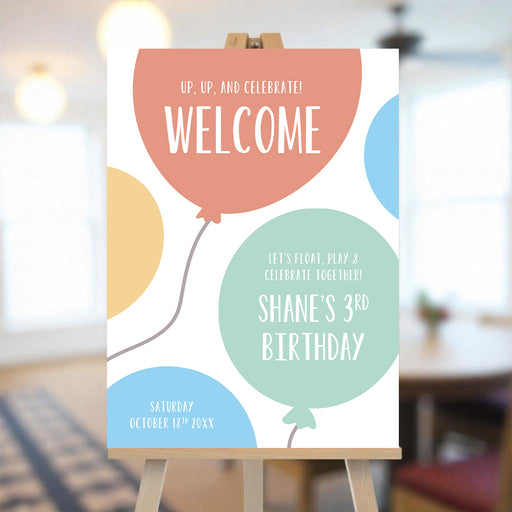 Kids birthday welcome sign with a colorful balloons illustration for party entrance display.