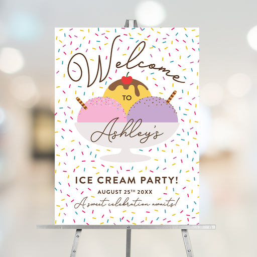 Ice cream birthday party welcome sign with colorful sprinkles and sweet scoop design