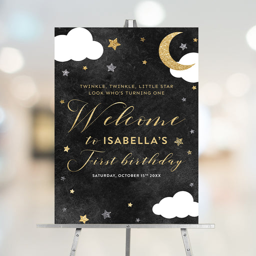 Twinkle twinkle little star welcome sign with moon, stars, and clouds, personalized for a first birthday