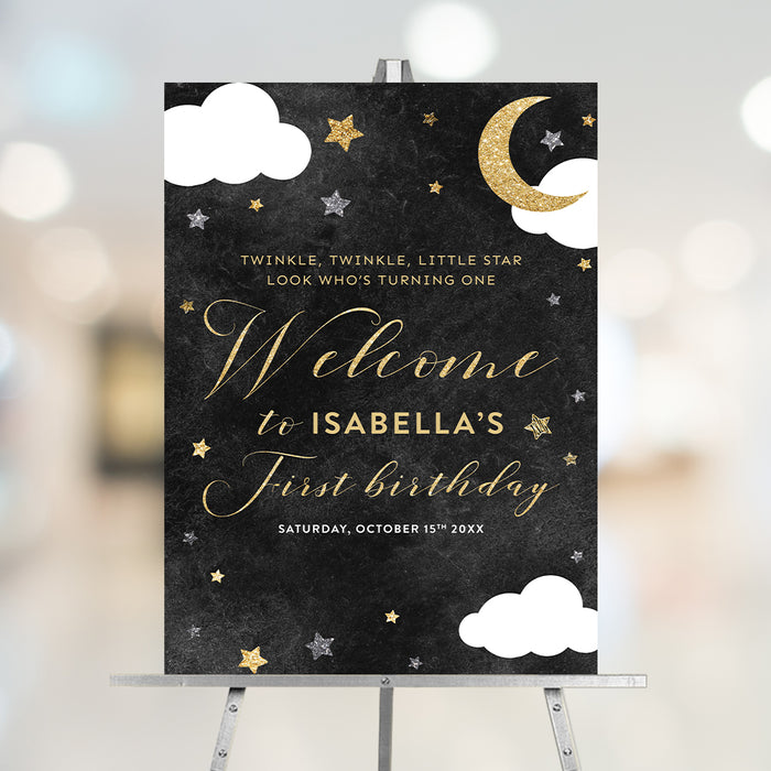Twinkle twinkle little star welcome sign with moon, stars, and clouds, personalized for a first birthday