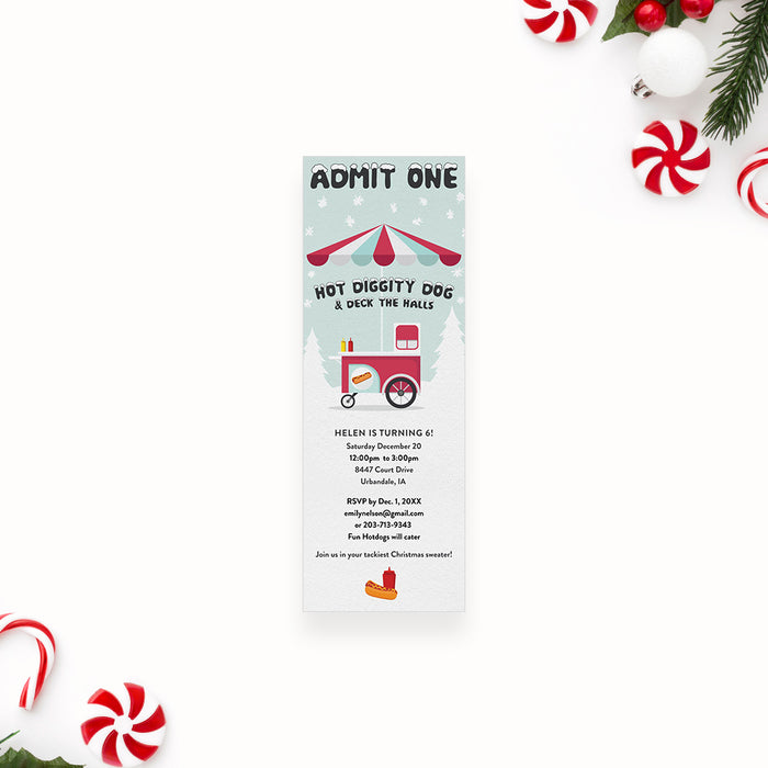 Kids winter birthday ticket invitation with festive hot dog cart, snowflakes, and snowy holiday party theme.