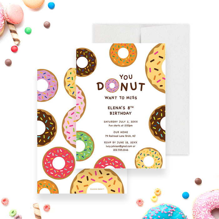 Sweet donut birthday invitation with colorful sprinkles design