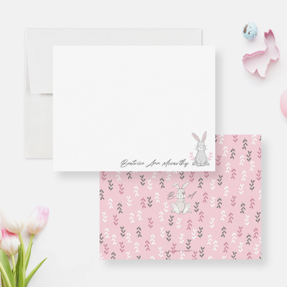 Personalized Pink Bunny Note Card for Kids Easter Stationery Set