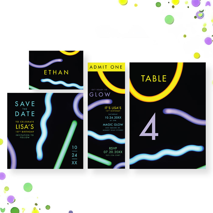 Kids Glow Party Birthday Invitation Fun Neon Party Design
