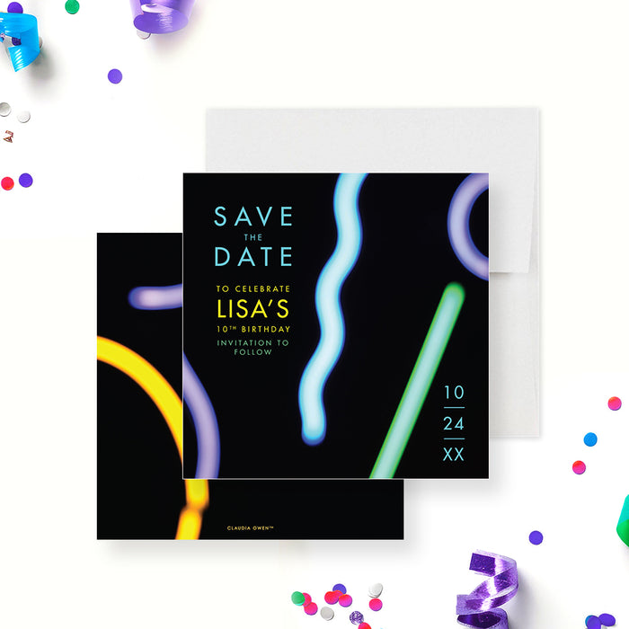 Save the date card featuring neon lights on a black background, printed birthday pre-invitation card-front-back