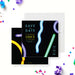 Save the date card featuring neon lights on a black background, printed birthday pre-invitation card-front-back