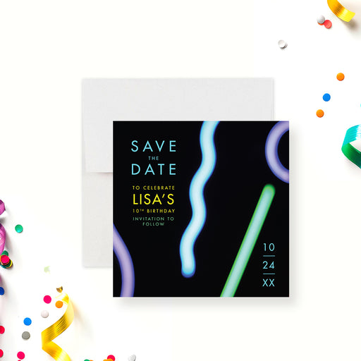 Save the date card featuring neon lights on a black background, printed birthday pre-invitation card-front
