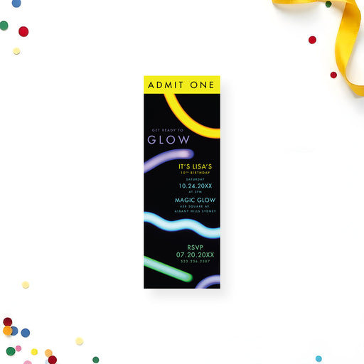 Glow party ticket invitation with neon light-stick design, a fun ticket-style invite for kids' birthdays
