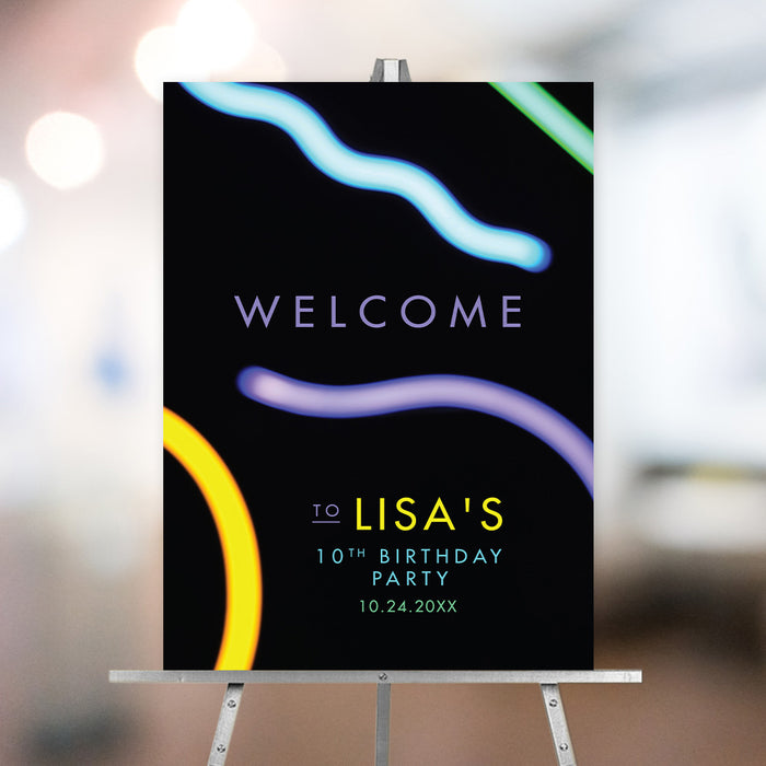 Glow party welcome sign with neon light sticks and custom birthday welcome poster used as event entrance signage