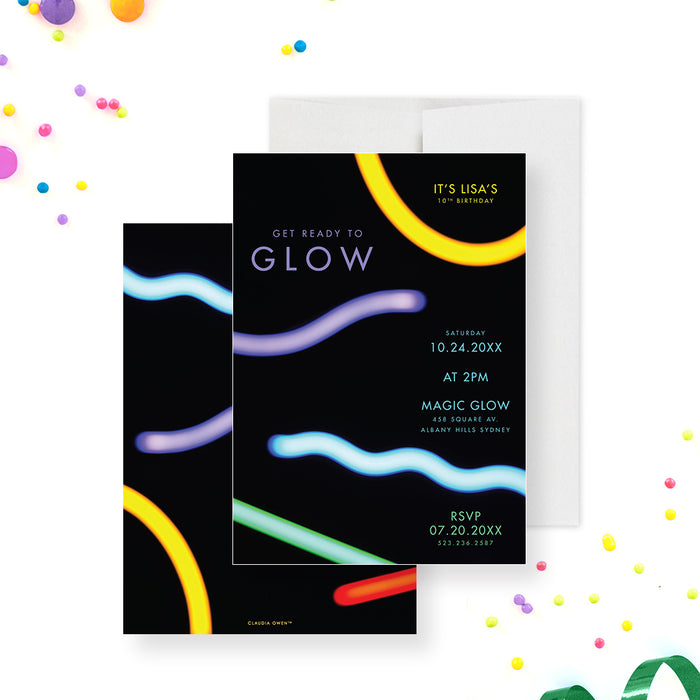 Glow party birthday invitation with neon light sticks on a black background, modern, colorful design for kids' celebrations-front-back