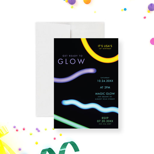 Glow party birthday invitation with neon light sticks on a black background, modern, colorful design for kids' celebrations-front