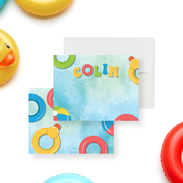 Personalized kids note card with pool party theme, colorful beach ball design, ideal for summer thank you notes and party stationery-front-back
