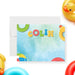 Personalized kids note card with pool party theme, colorful beach ball design, ideal for summer thank you notes and party stationery-front