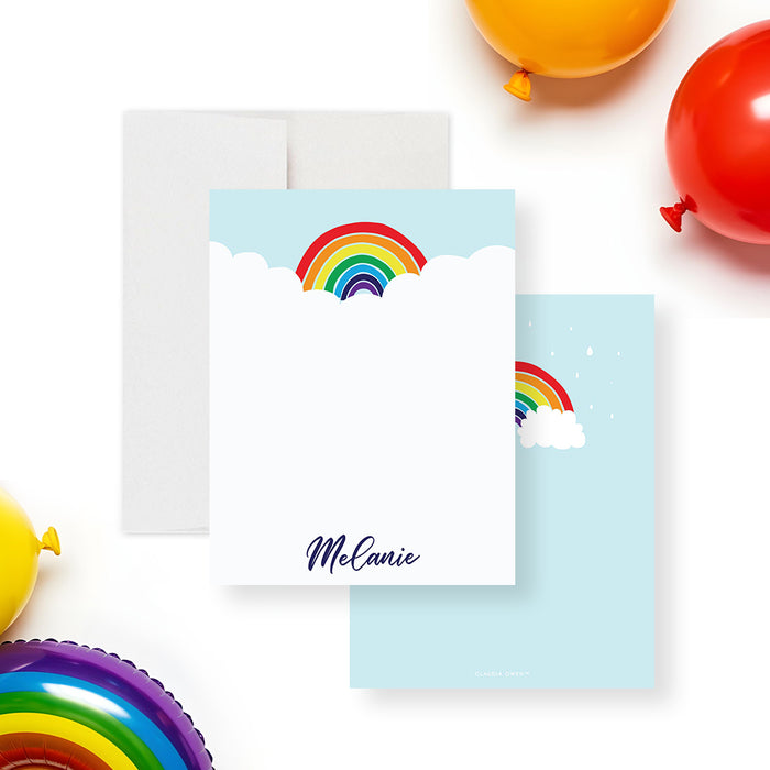 Rainbow thank you cards for kids birthday personalized stationery with colorful rainbow design-front-back