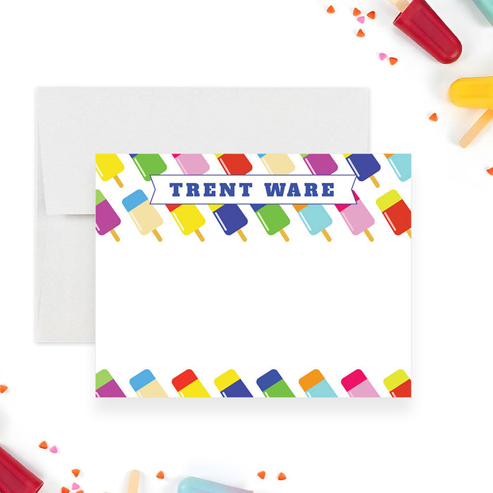 Personalized popsicle note card with colorful ice pop illustration, kids birthday thank you card -front