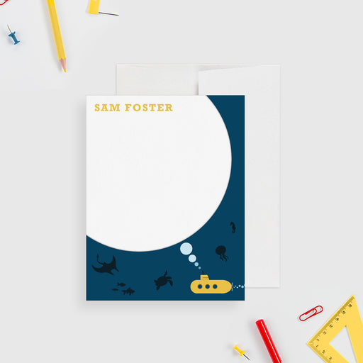 Personalized kids’ note card featuring a yellow submarine, a sea turtle, a stingray, a jellyfish, a seahorse, a shark, and a seastars
