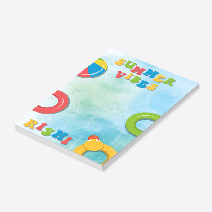 Personalized summer notepad for kids with pool party design, beach ball theme, and custom name for fun stationery or gifts-side