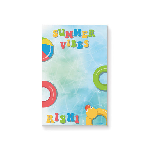 Personalized summer notepad for kids with pool party design, beach ball theme, and custom name for fun stationery or gifts.