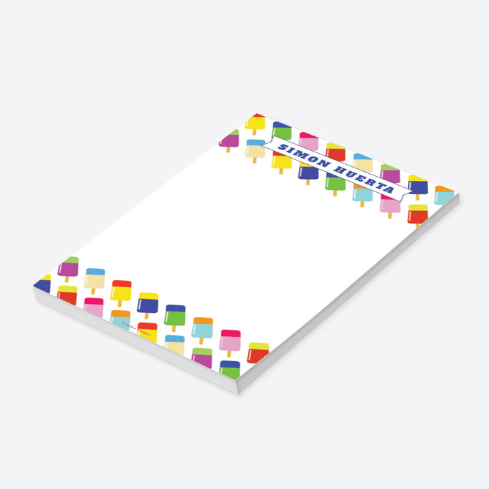 Popsicle-themed notepad featuring colorful ice pop illustrations with a customizable name-side