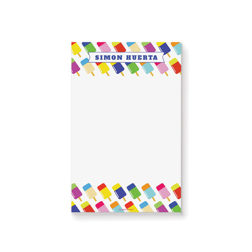Popsicle-themed notepad featuring colorful ice pop illustrations with a customizable name