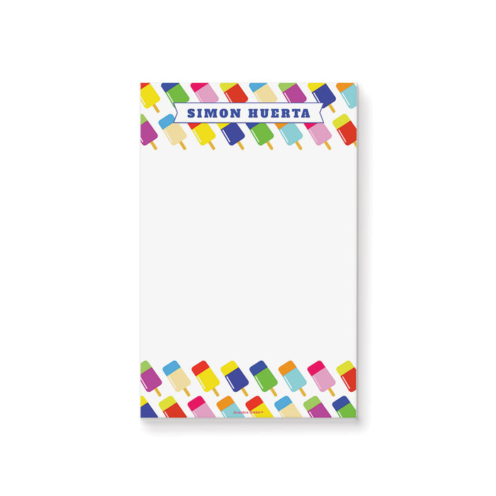 Popsicle-themed notepad featuring colorful ice pop illustrations with a customizable name