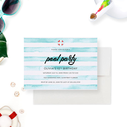 kids pool party birthday invitation with watercolor aqua stripes, lifebuoy accent, and summer party details-front