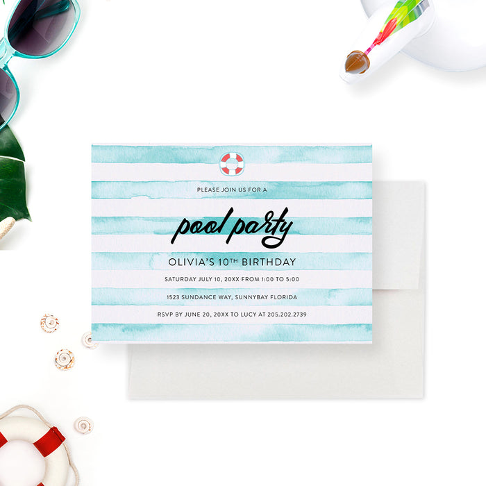 kids pool party birthday invitation with watercolor aqua stripes, lifebuoy accent, and summer party details-front