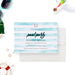 kids pool party birthday invitation with watercolor aqua stripes, lifebuoy accent, and summer party details-front
