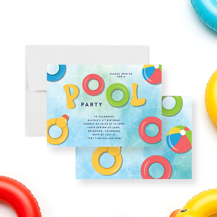 Pool party invitation featuring colorful inflatable floats for a kids' summer birthday and poolside celebration-front-back