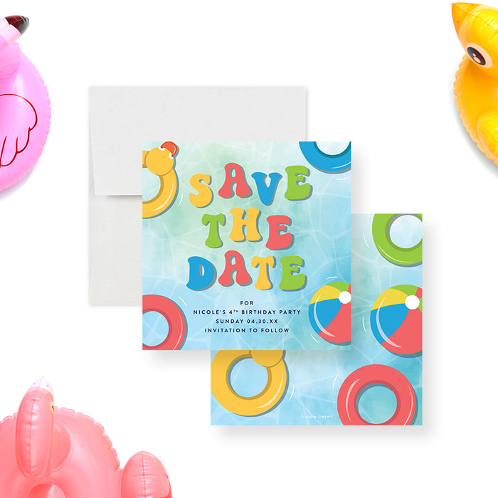 Pool party save the date card featuring colorful lettering and an inflatable float design for kids' water-themed birthday celebrations-front-back