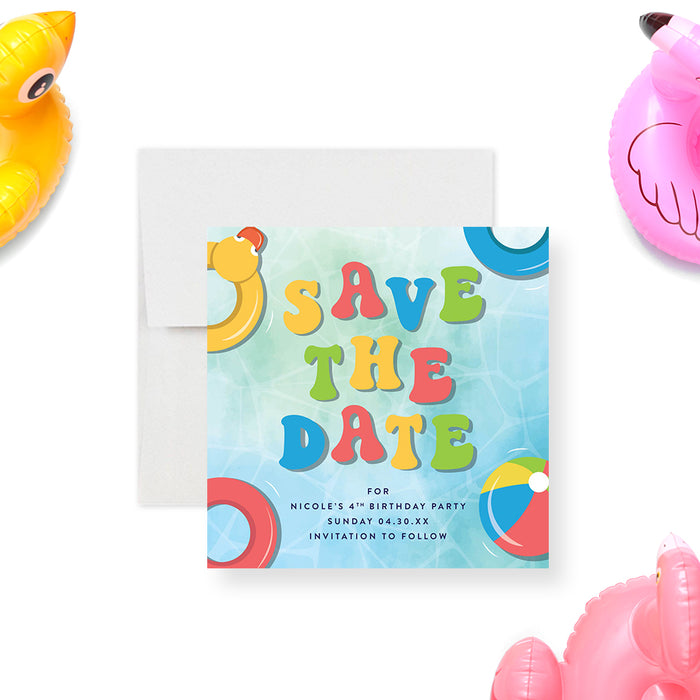 Pool party save the date card featuring colorful lettering and an inflatable float design for kids' water-themed birthday celebrations-front