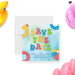 Pool party save the date card featuring colorful lettering and an inflatable float design for kids' water-themed birthday celebrations-front