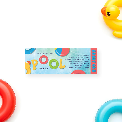 Kids pool party ticket invitation with colorful beach ball design for a summer birthday party, swim event, or fun celebration.