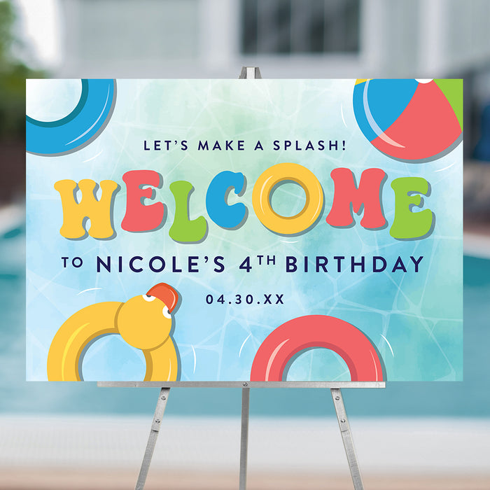 Pool party welcome sign for kids birthday with colorful beach balls, summer theme, and bright playful design for party entrance decor.