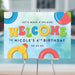 Pool party welcome sign for kids birthday with colorful beach balls, summer theme, and bright playful design for party entrance decor.