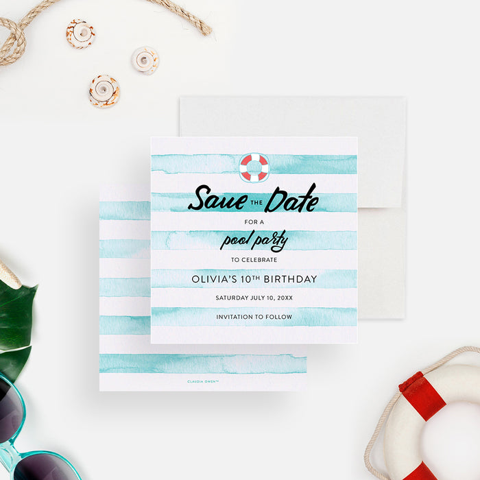 kids pool party save the date card with watercolor aqua stripes, lifebuoy accent, and birthday details-front-back
