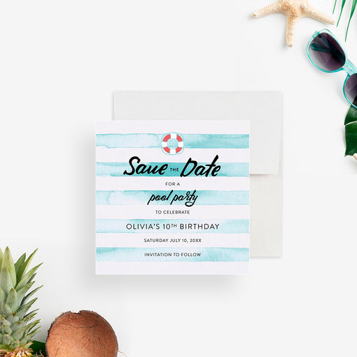 kids pool party save the date card with watercolor aqua stripes, lifebuoy accent, and birthday details-front