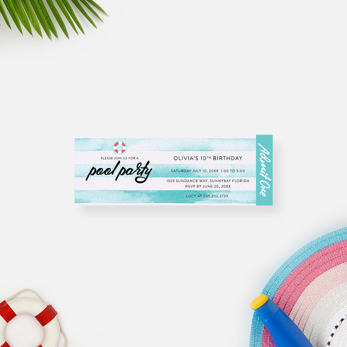 kids pool party ticket invitation with watercolor aqua stripes, lifebuoy accent, and birthday party details