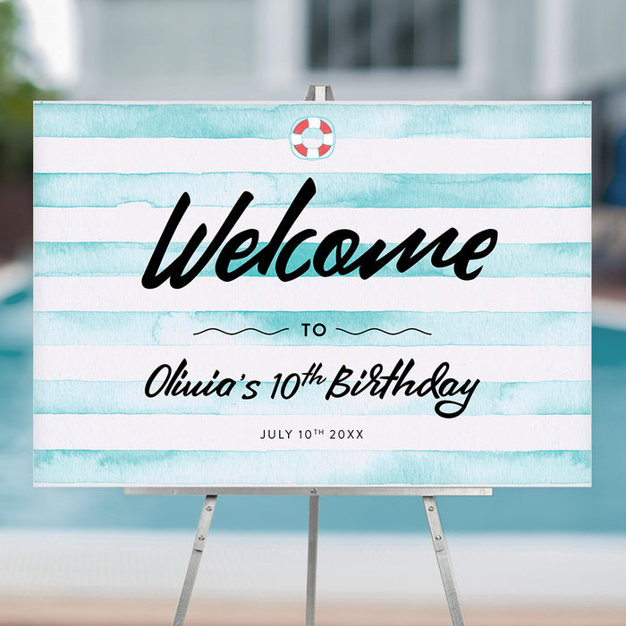 kids pool party welcome sign with watercolor aqua stripes, lifebuoy accent, and birthday details displayed on an easel